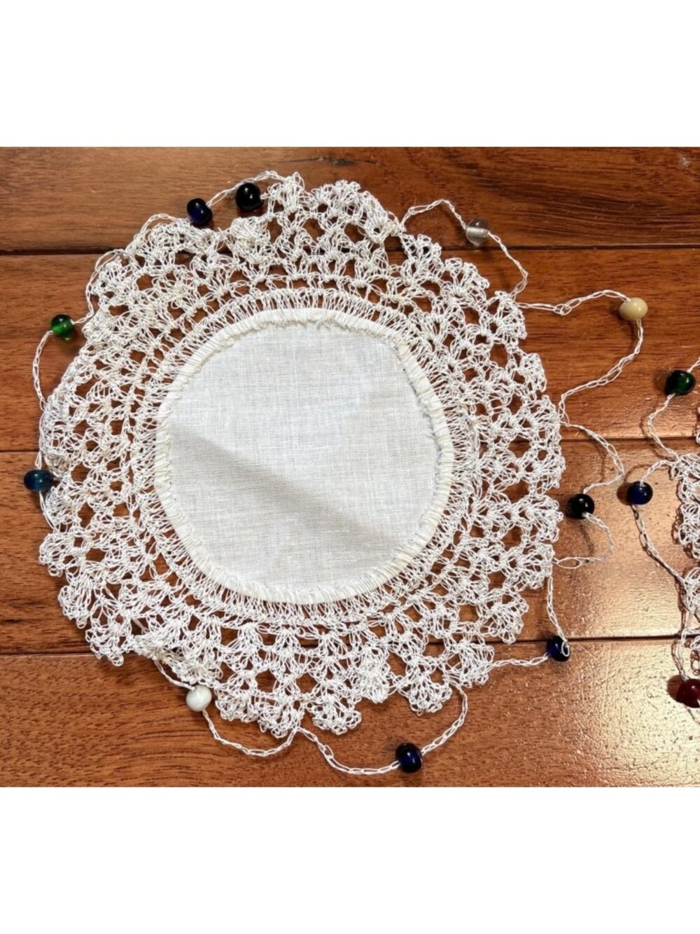 Handmade Crochet Doilies Beaded Edges Set 6" White Multicolor Beads
